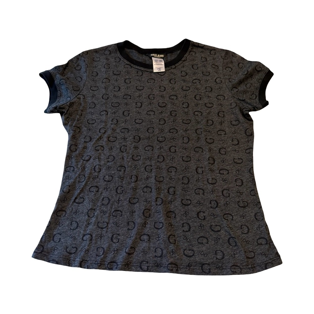 Guess Jeans Womans Grey Monogram Logo Ringer T-Shirt Large Y2K